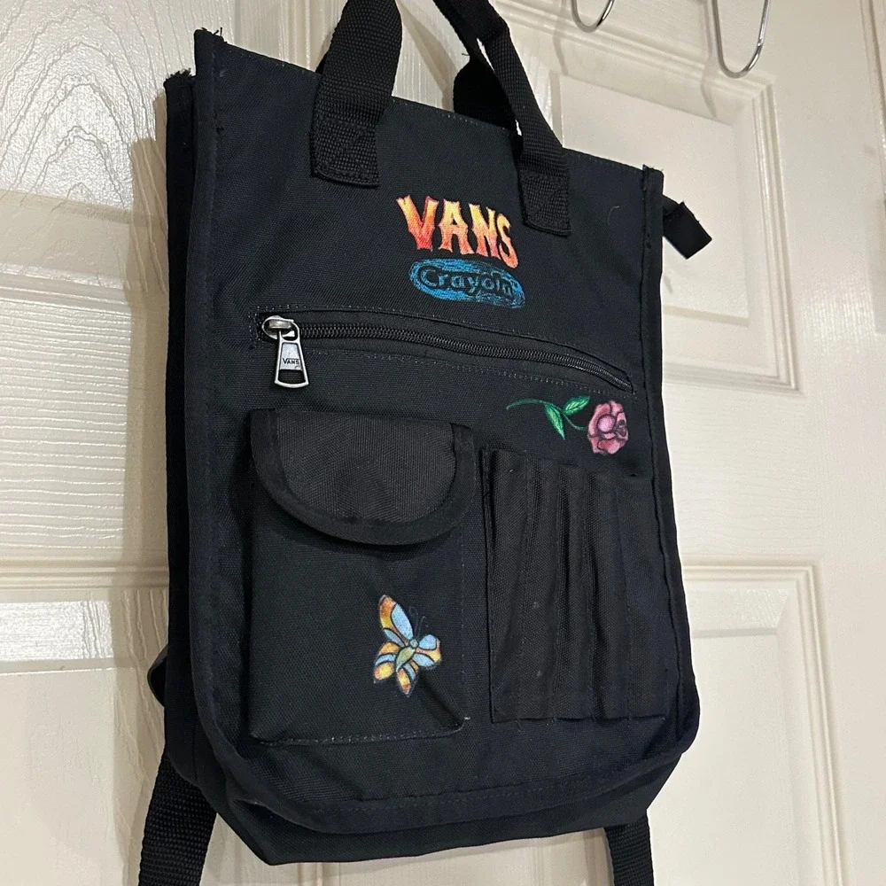 Vans x Crayola Mini Backpack Black Canvas Embroidered Butterfly Rose Bag